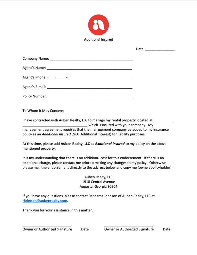 Additional Insurance form